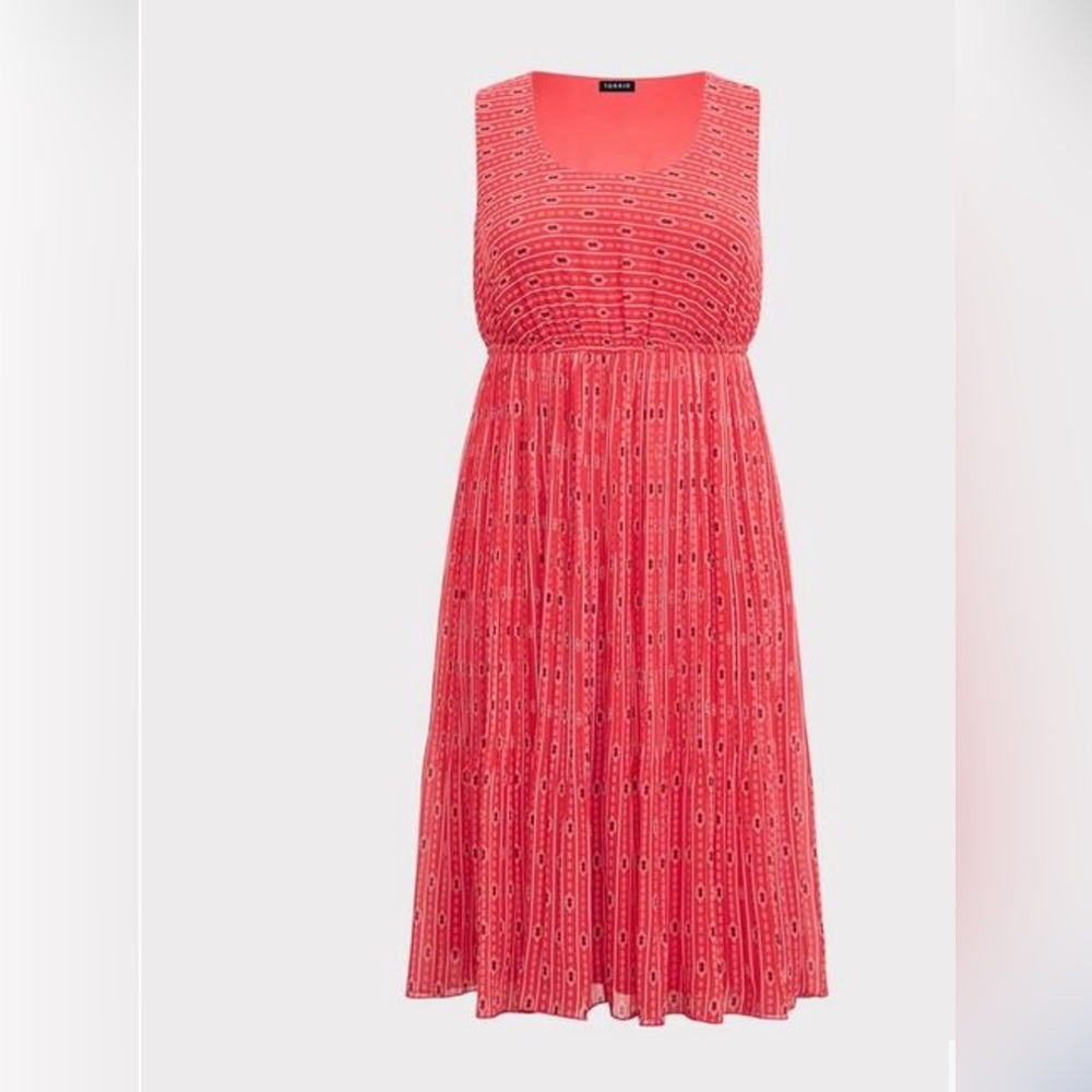 Torrid Coral Medallion Chiffon Pleated Midi Dress.